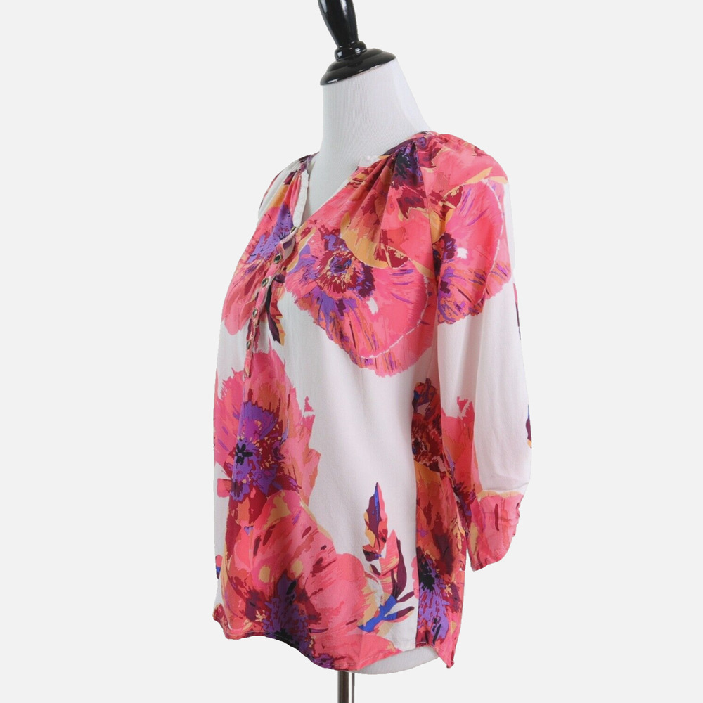 Yumi Kim Size S Silk 'Yumi' Blouse V Neck Top Pink Watercolor Floral